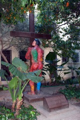 Colorful sculpture in courtyard at Cathedral de Encarnacion, Mal